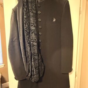 Elegant Black Trench Coat with Patterned Scarf for Indian wedding